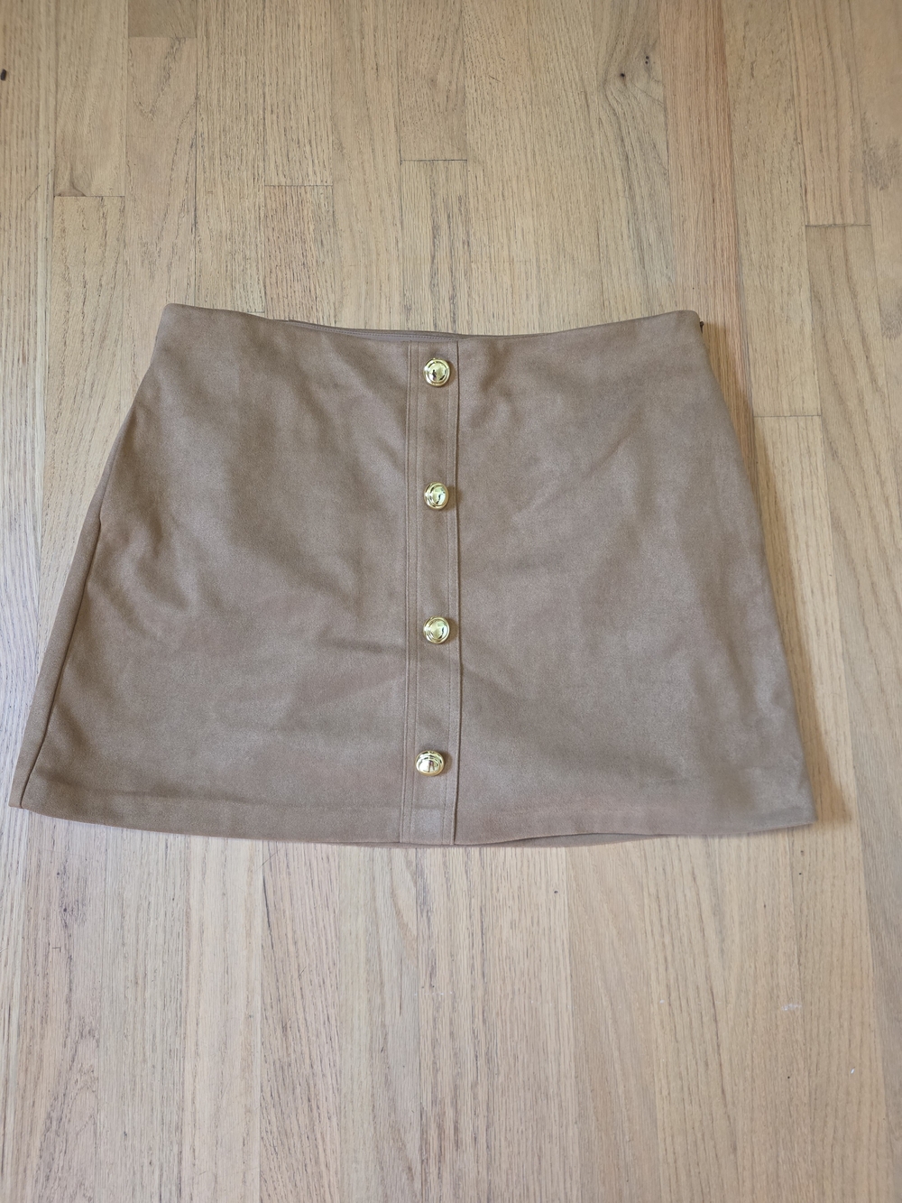 Vici Suede Tan Button-Front Mini Skirt with Gold Buttons